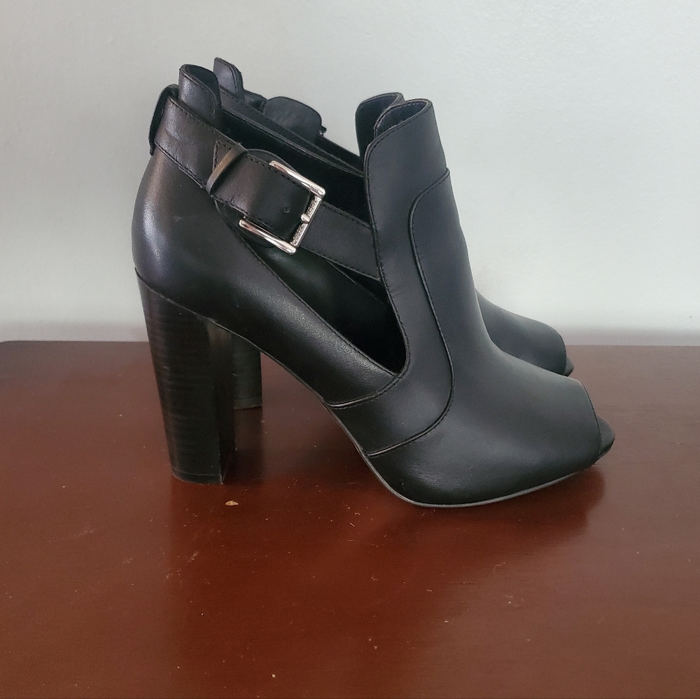 MICHAEL  Michael Kors Black Open-Toe Leather Ankle Bootie